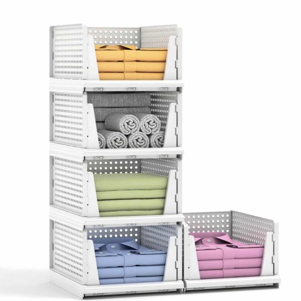NEW 5 Pack Stackable / Foldable Plastic Storage Organizers Bins Drawers White